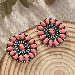 Coral Pink Floral Round Bohemian Style Statement Earrings Western Jewelry NWT